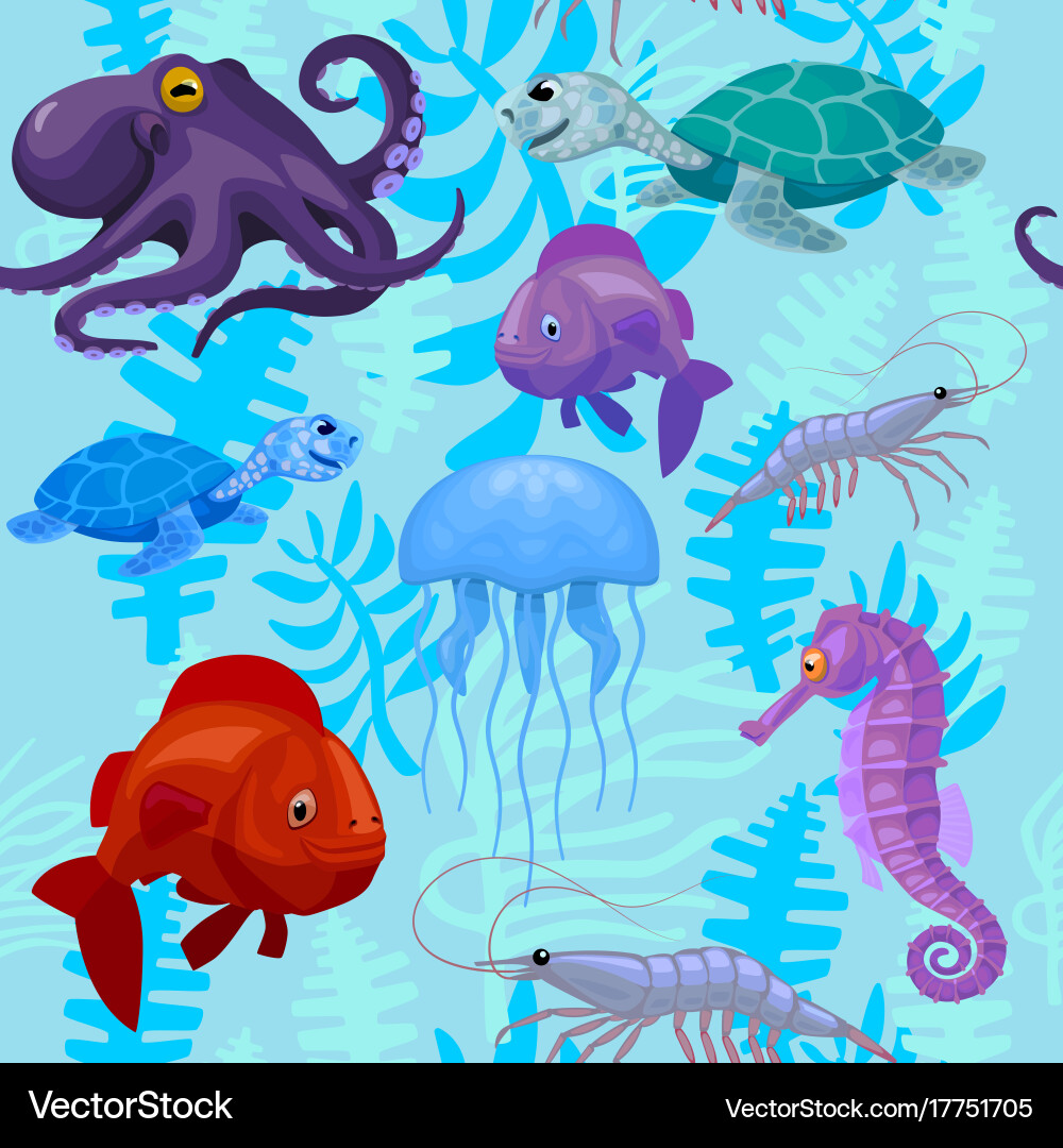 Seamless Pattern With Aquatic Animals And Plants Vector Image