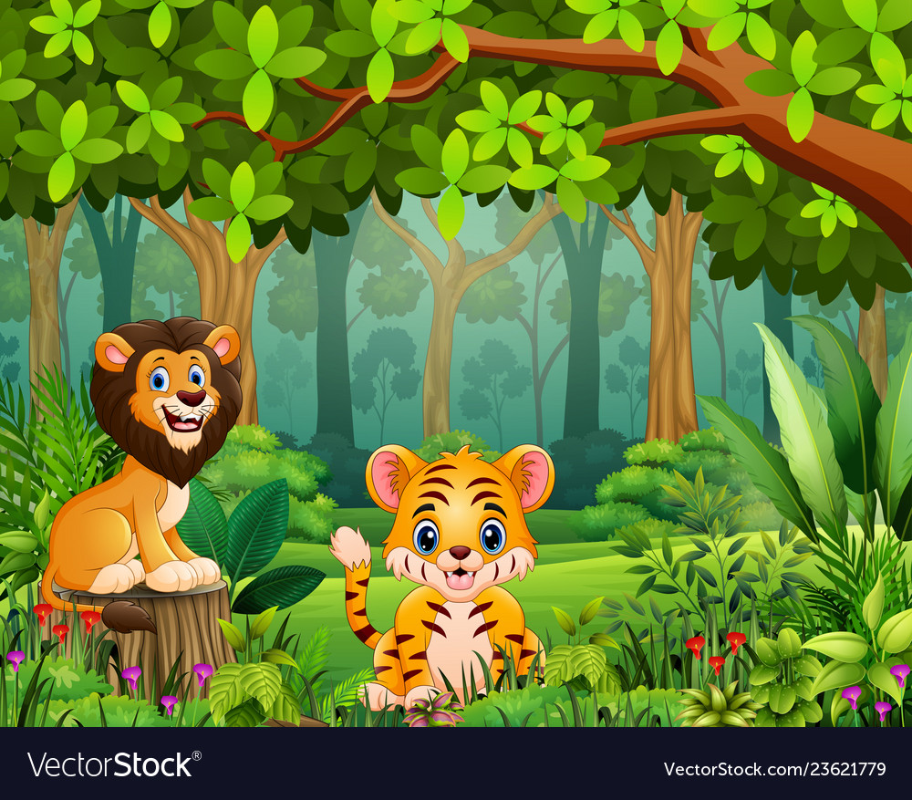 Happy wild animal cartoon in a beautiful green Vector Image