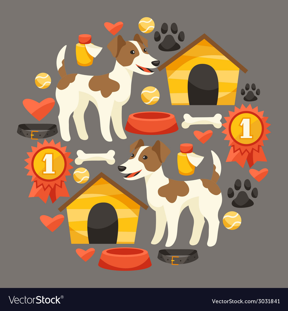 Set of icons and objects with cute dogs Royalty Free Vector