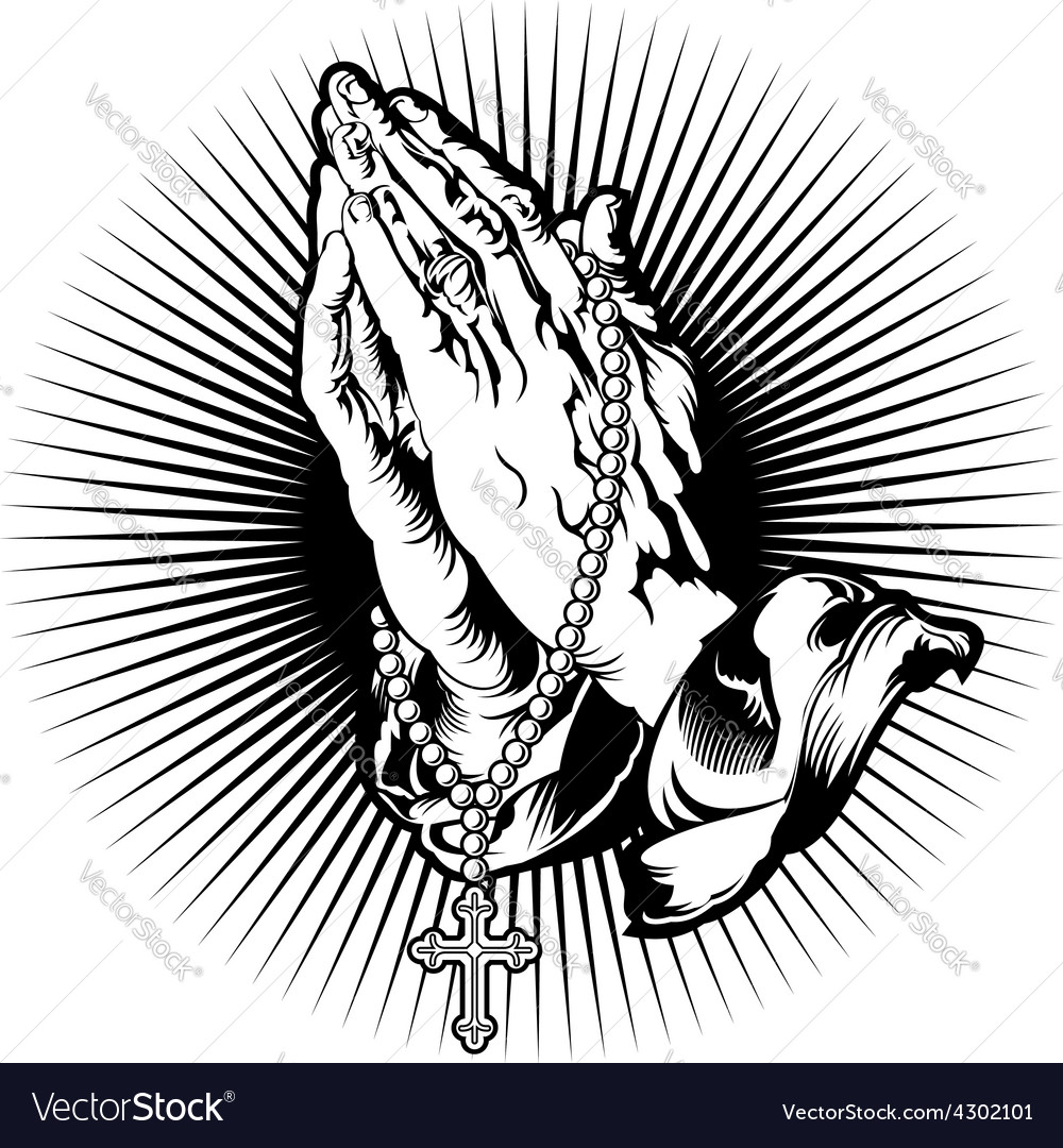 praying hands with rosary and shining tattoo vector image praying hands with rosary and shining tattoo vector image