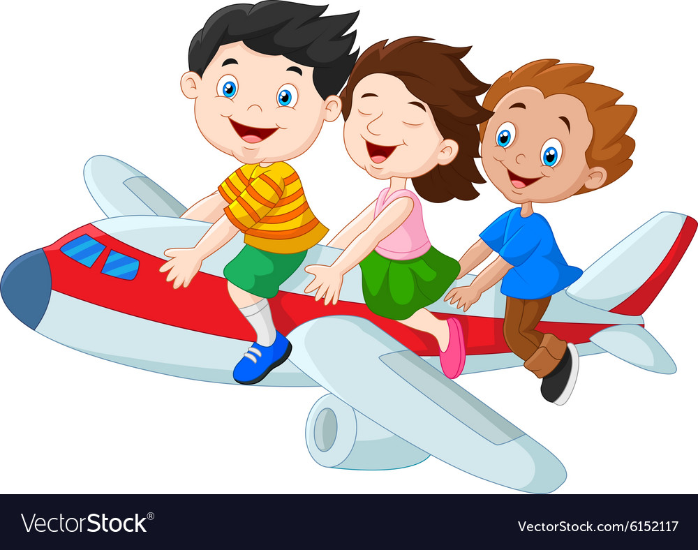 cartoon little kids riding airplane isolated on wh vector image
