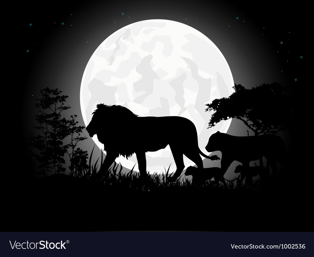Download Beautiful Lion family silhouettes with giant moon Vector Image