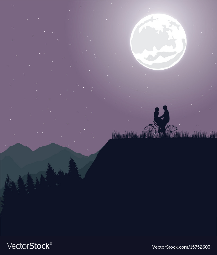 Couple Silhouette Under The Moon In Bicycle Riding
