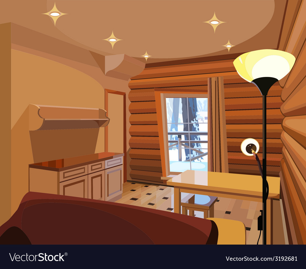 Cartoon interior in a wooden house Royalty Free Vector Image