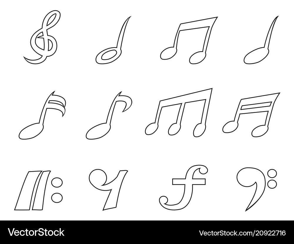 Isolated black music note outline icons set Vector Image