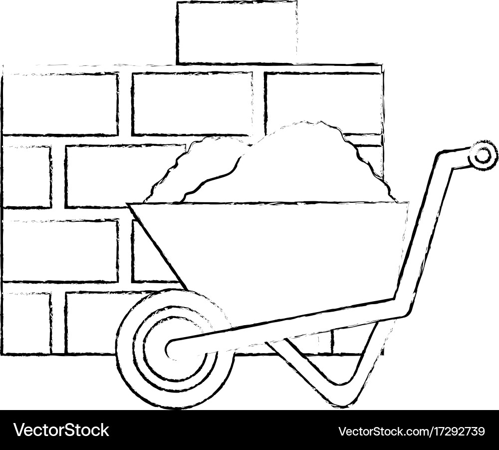 Wheelbarrow construction with bricks wall Vector Image