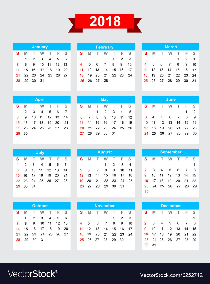 2018 calendar week start sunday Royalty Free Vector Image