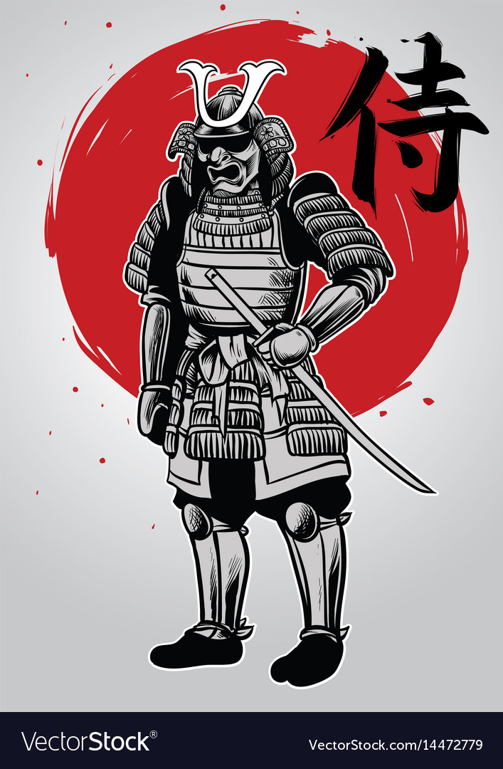 Hand drawing of samurai warrior with samurai word Vector Image