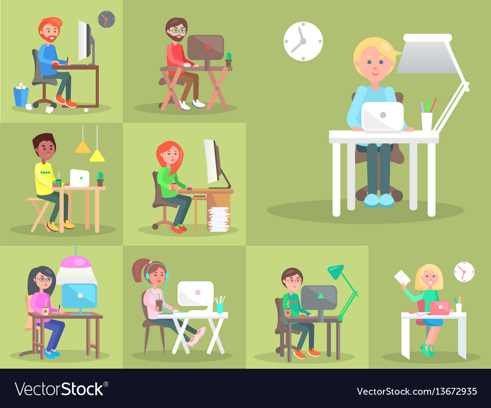 Set of people at computer in office cartoon style Royalty Free Vector ...