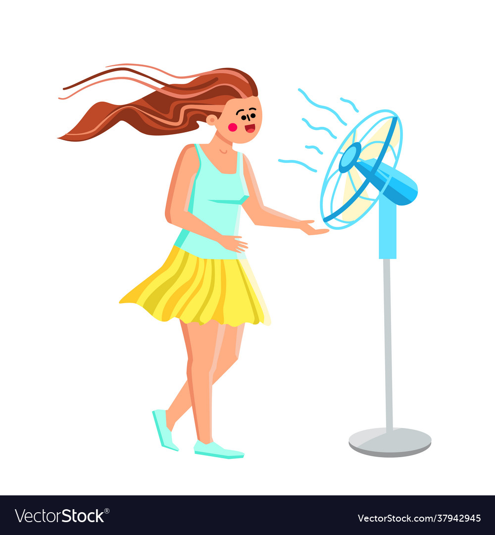 Fan air device cool enjoying young woman Vector Image