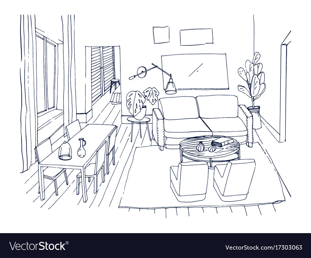 Freehand sketch of living room with window Vector Image Freehand sketch of living room with window Vector Image
