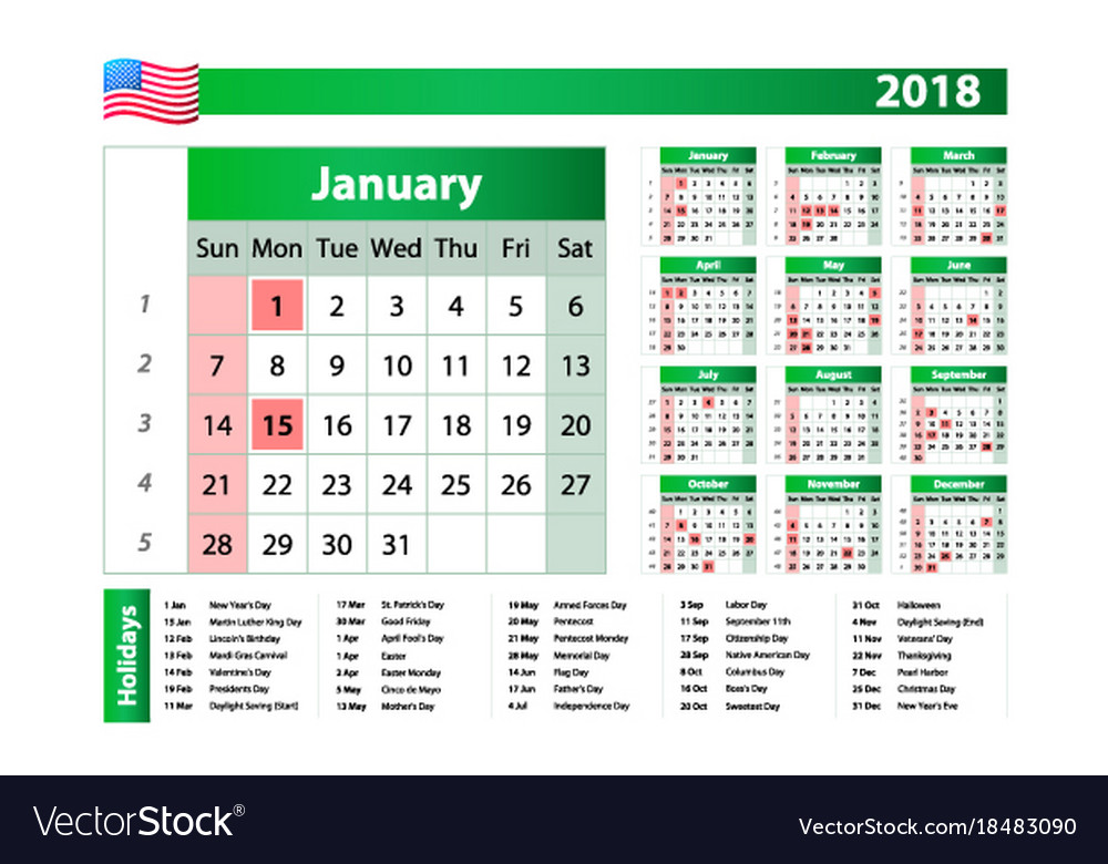 2018 year calendar with holidays