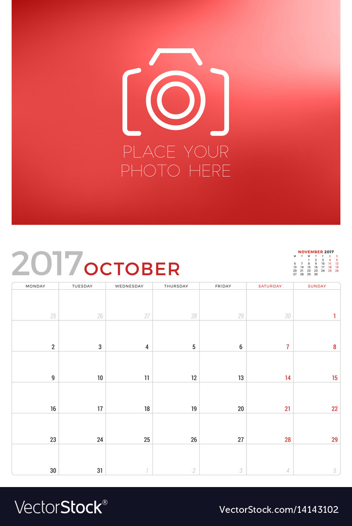 Calendar Planner Vector Free : Wall calendar planner template for october vector image Calendar Planner Vector Free : Wall calendar planner template for october vector image