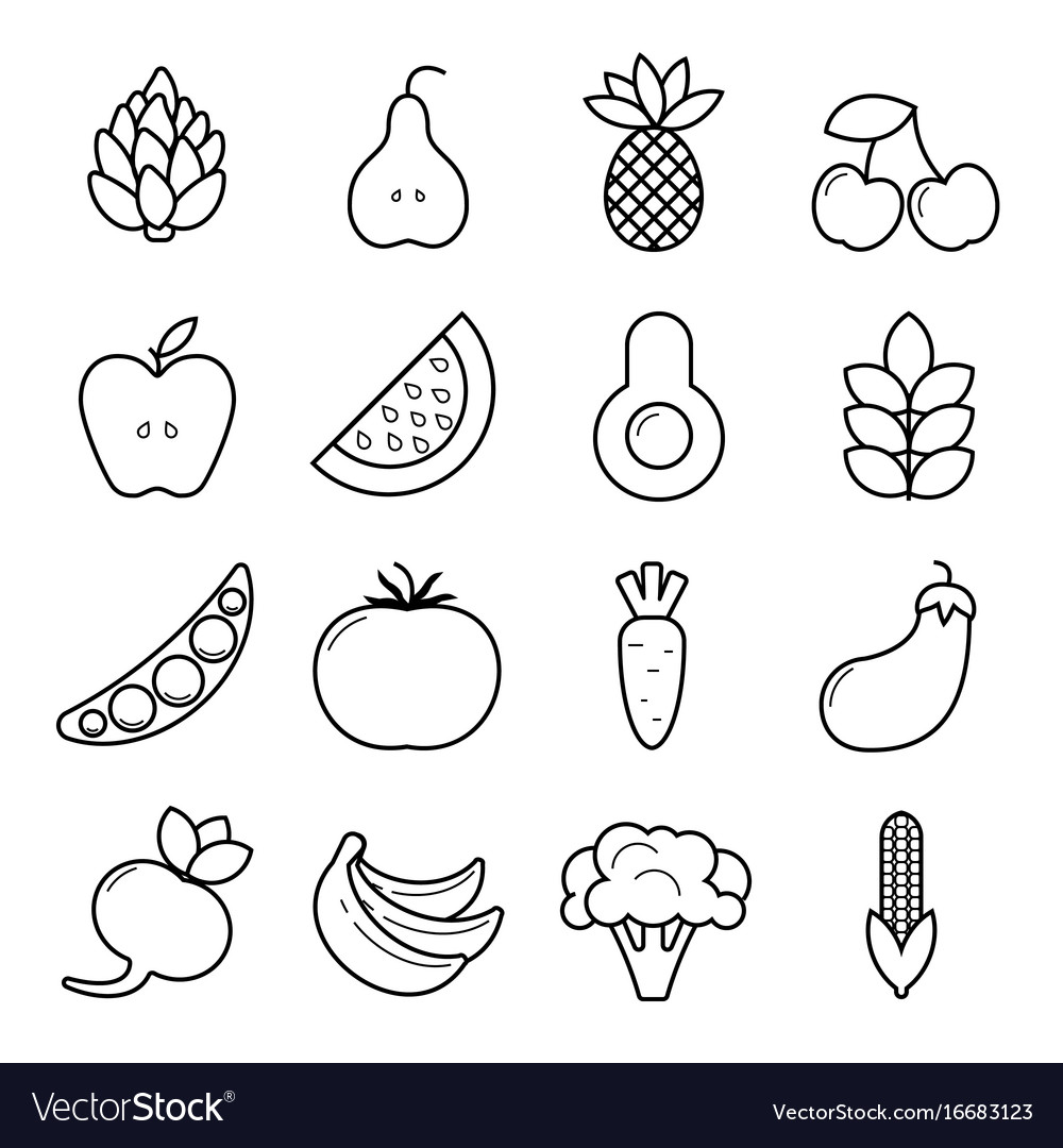 vegan icon set outline vegetables and fruits vector image