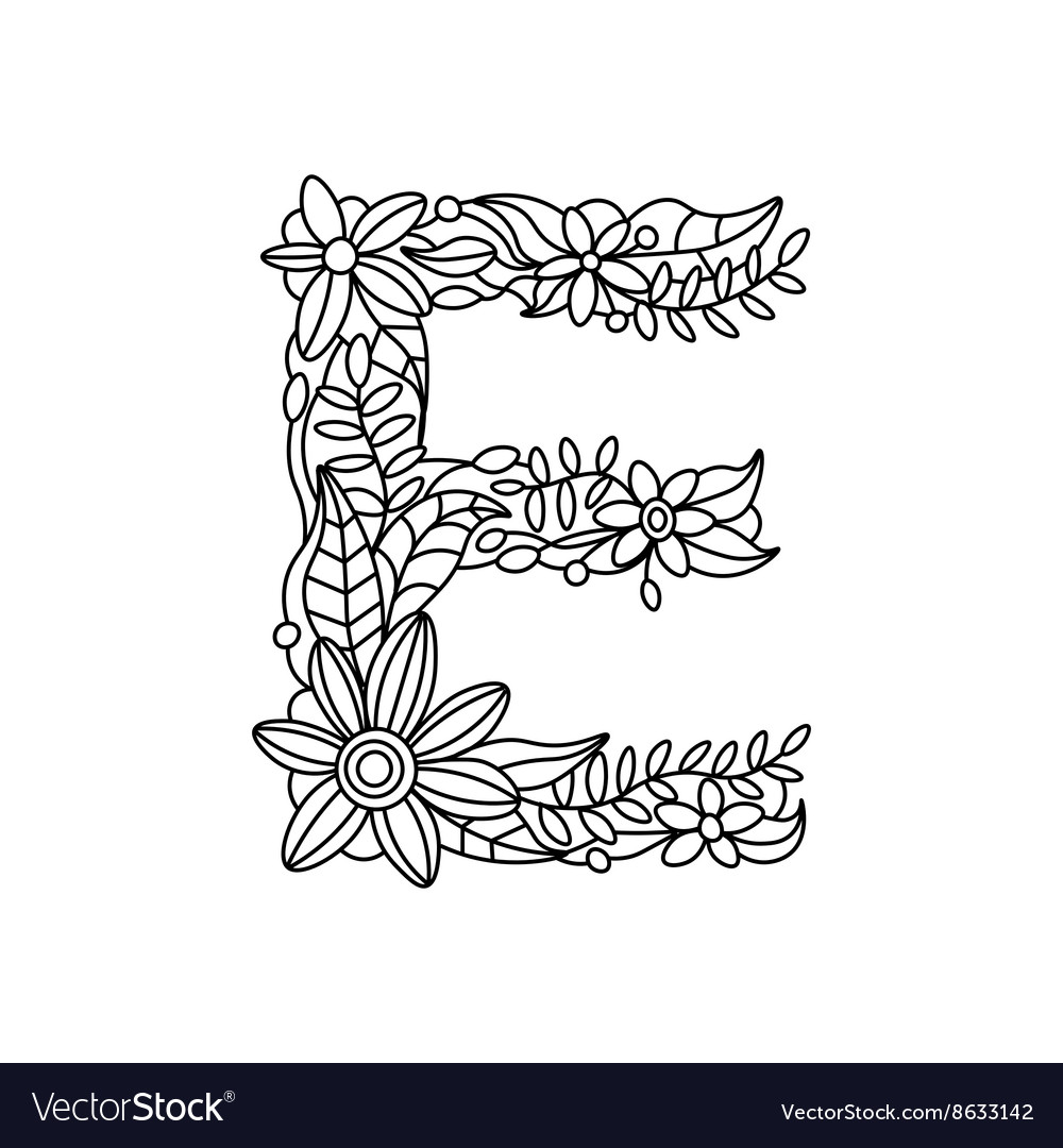 Letter E coloring book for adults Royalty Free Vector Image