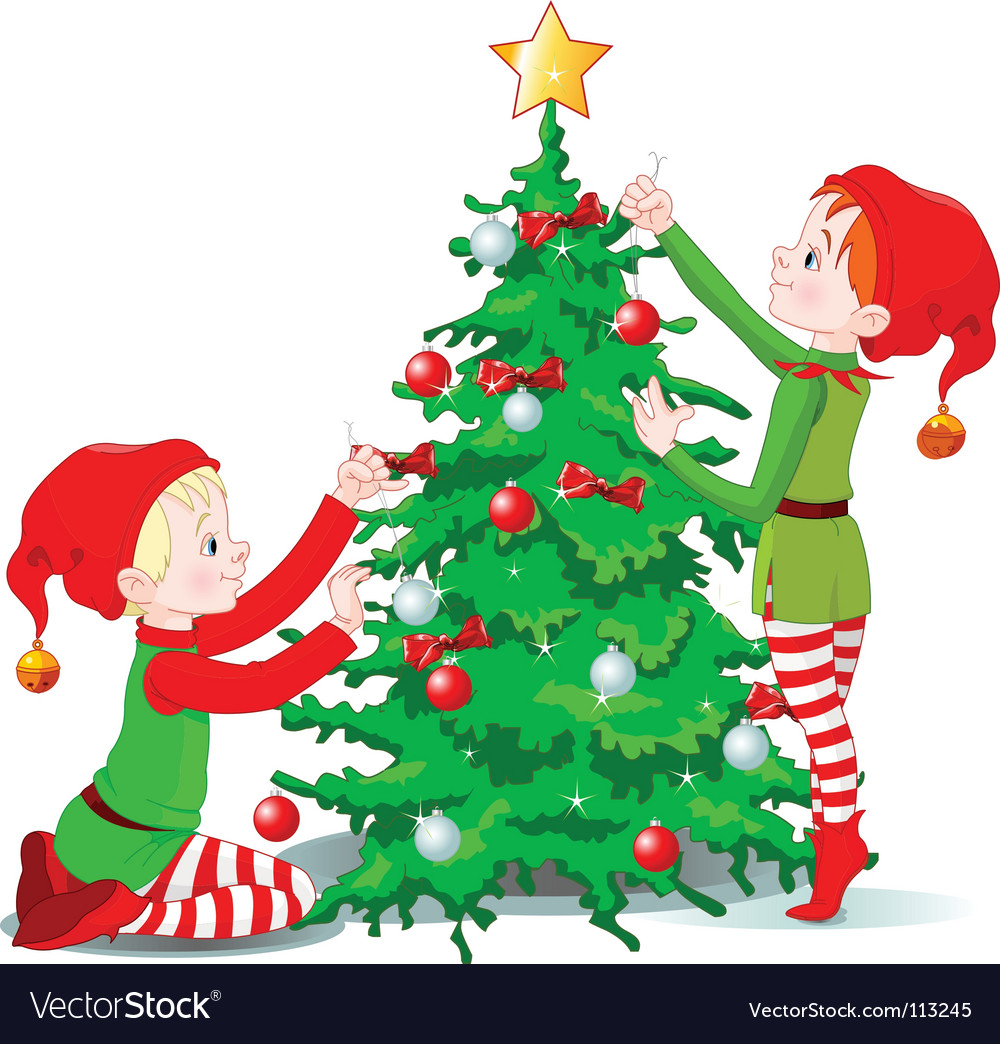 Elves Decorate A Christmas Tree Royalty Free Vector Image