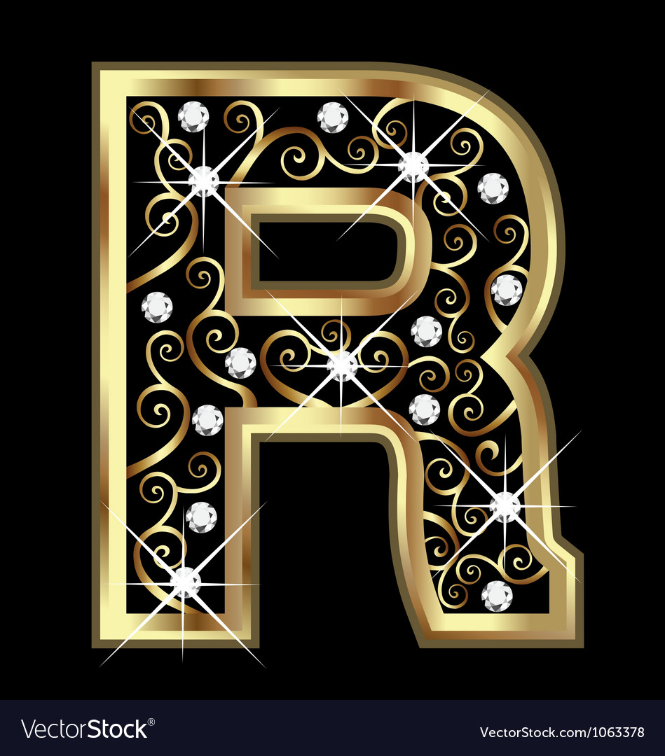 R gold letter with swirly ornaments Royalty Free Vector