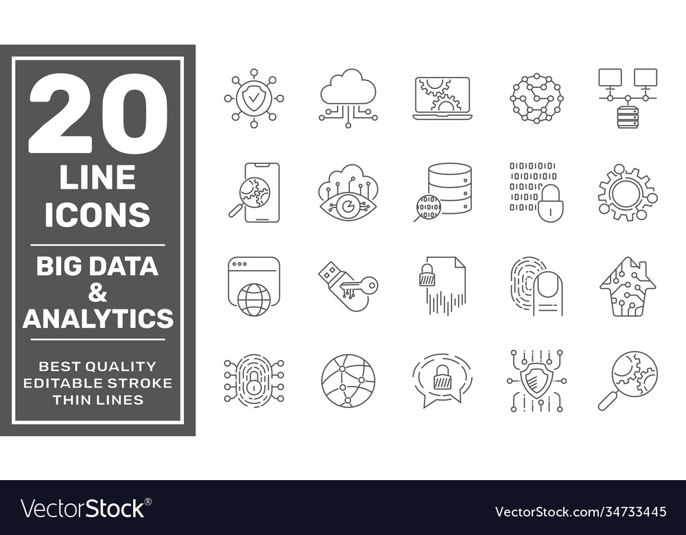 Data processing line icon set contains Royalty Free Vector