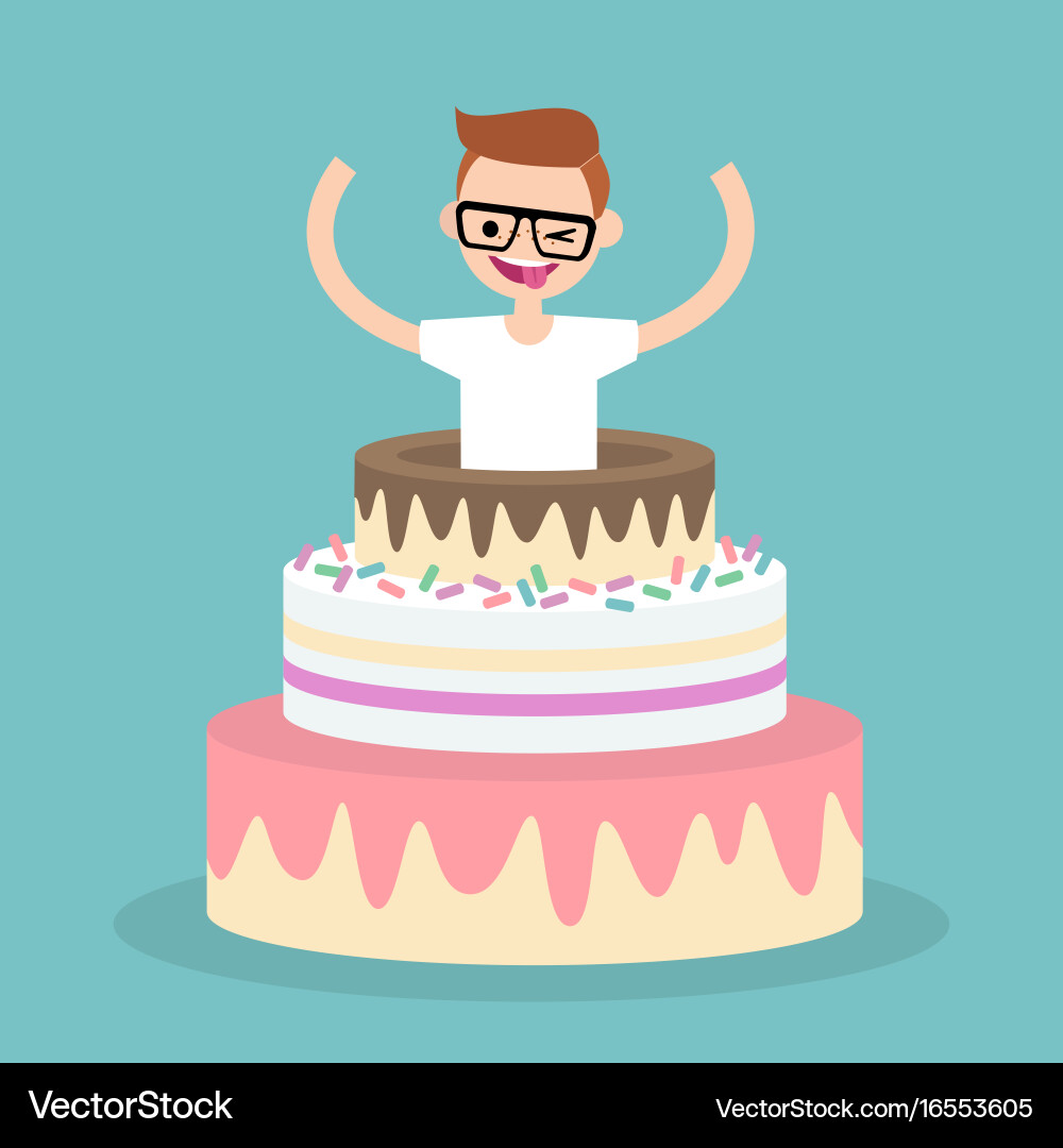 Young character jumping out of a cake flat Vector Image