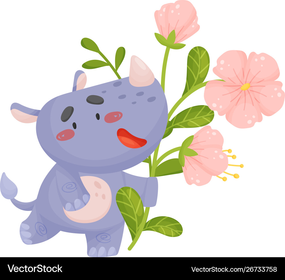 Cute rhino with flowers Royalty Free Vector Image
