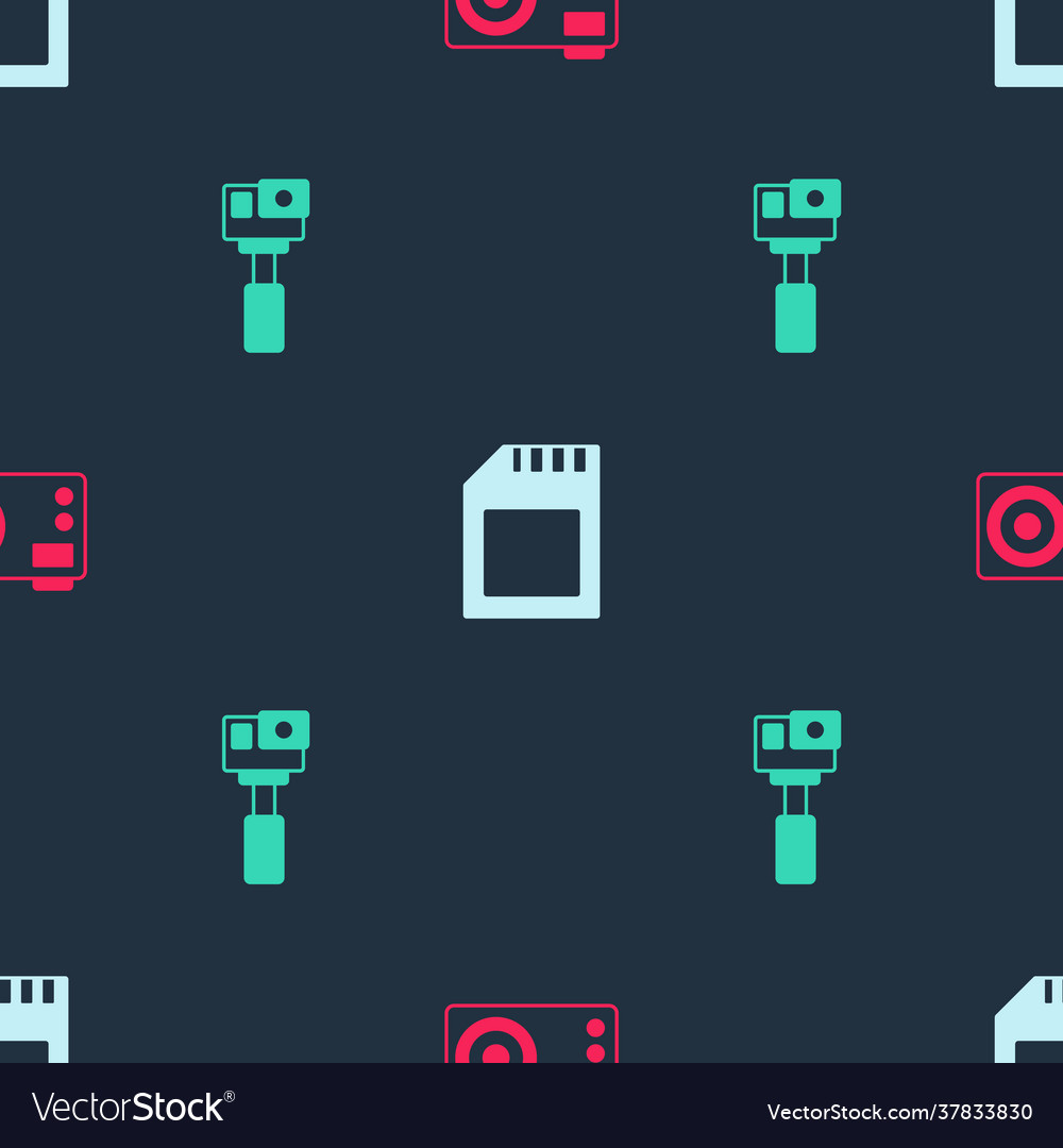 Set photo camera sd card and action on seamless Vector Image
