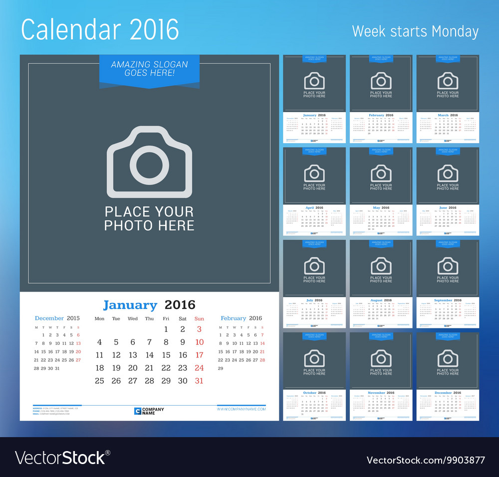 Calendar For 16 Year Design Print Template Vector Image