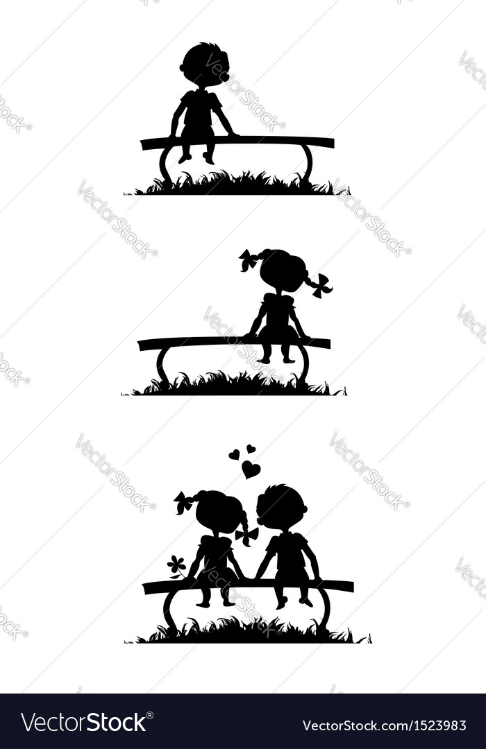 silhouettes of boy and girl sitting on a bench vector image