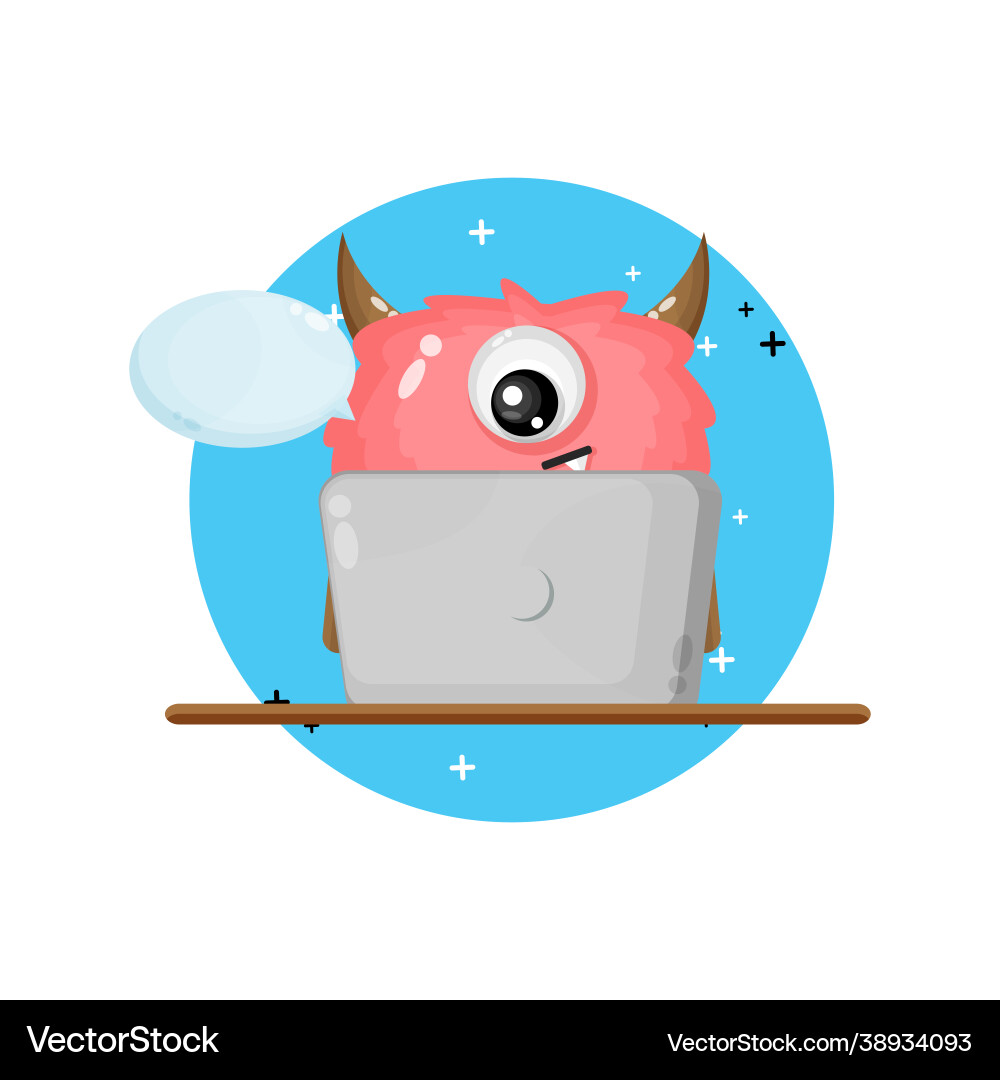 Cute monster mascot using laptop Royalty Free Vector Image