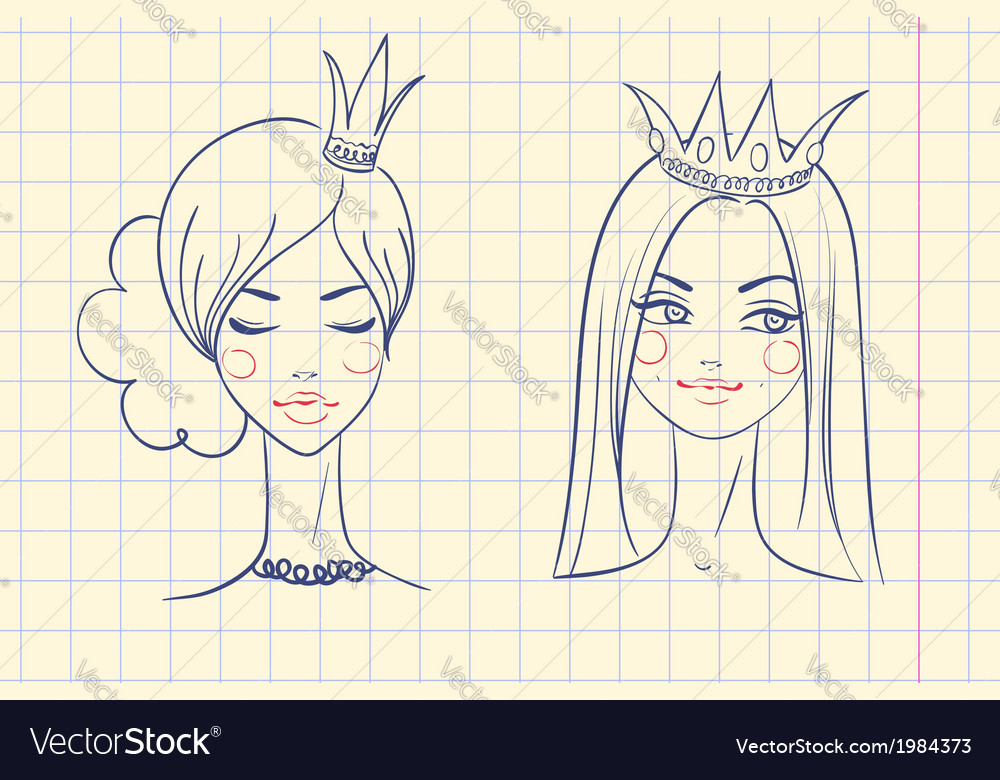  Princess Sketches style in notebook Royalty Free Vector