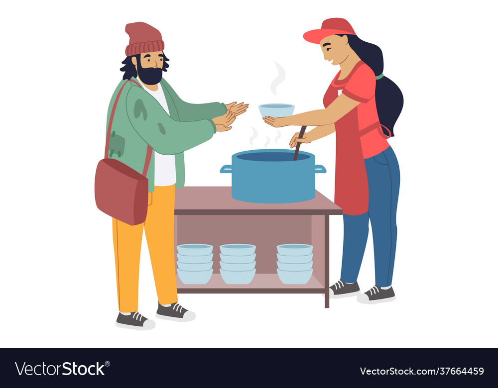 Volunteer feeding homeless person flat Royalty Free Vector