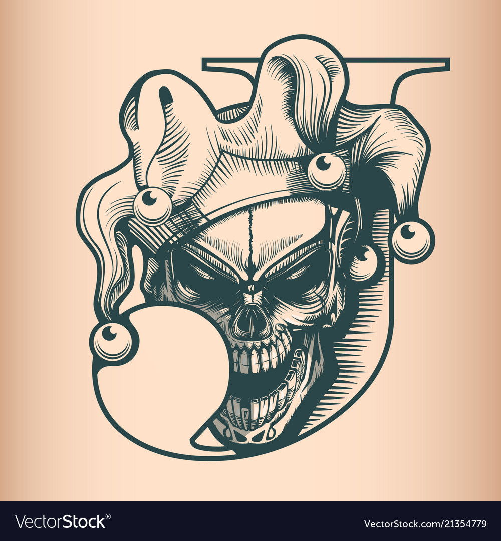 Vintage Joker Skull Monochrome Hand Drawn Tattoo Vector Image