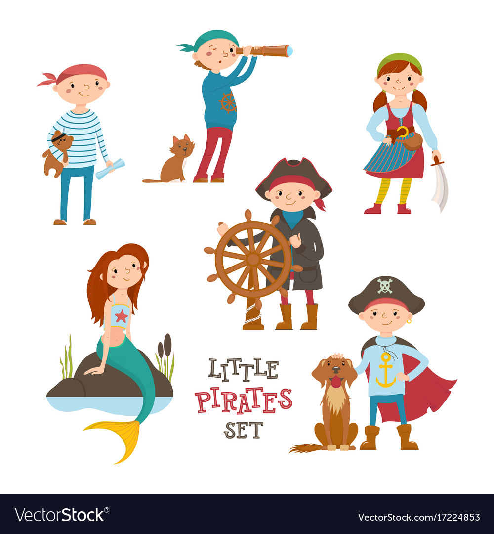 Download Set of cute little pirate sailor kids and mermaid Vector Image
