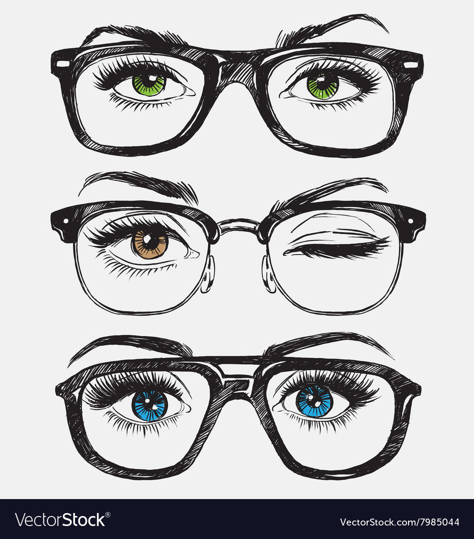 Line Drawing Glasses : Set of hand drawn womens eyes with glasses vector image