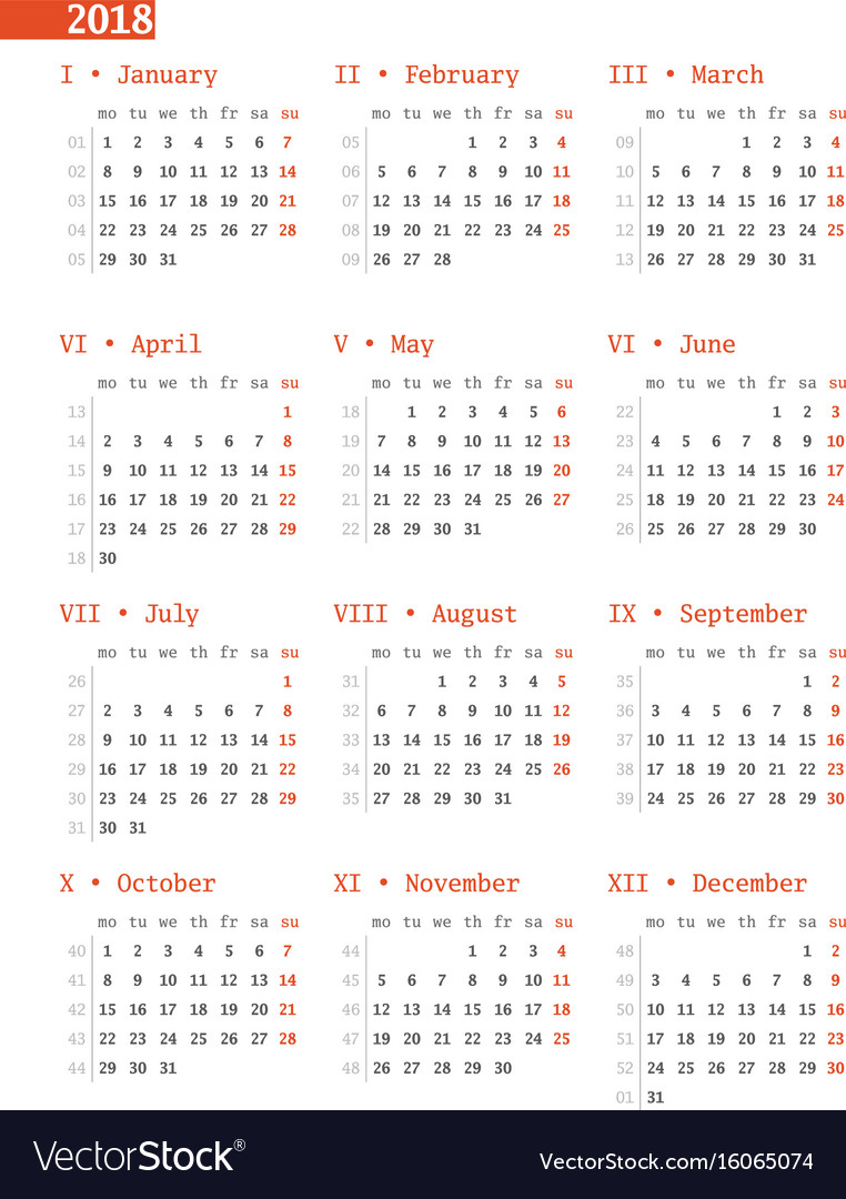 week number calendar 2018