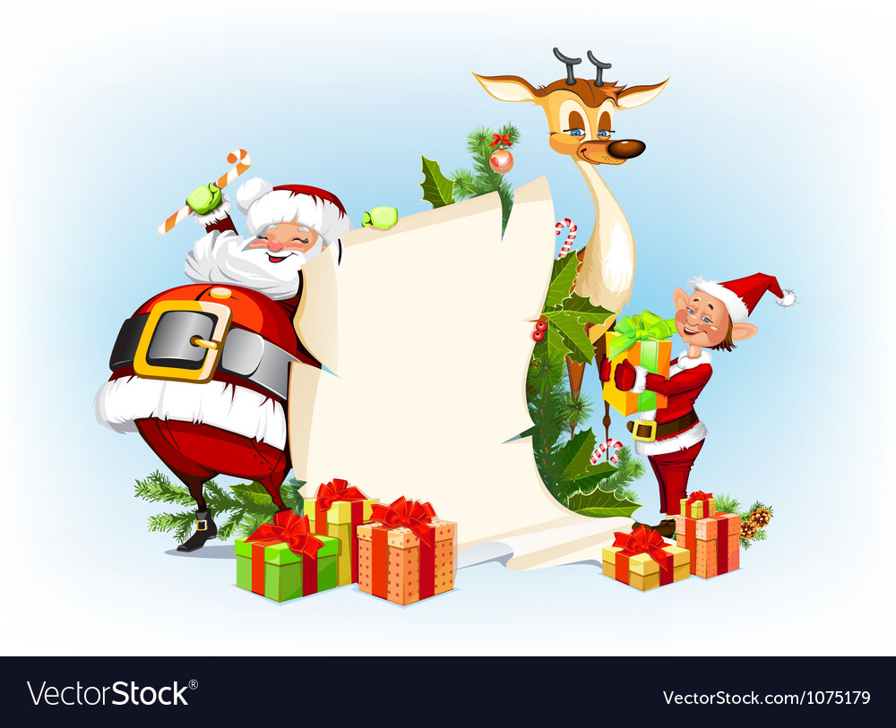 Background with reindeer Santa Claus and his elves