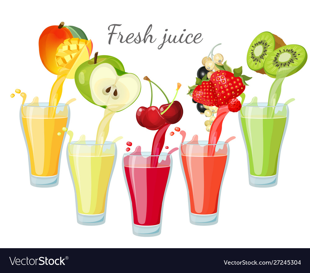 Different fruit juices in glasses with splashes Vector Image