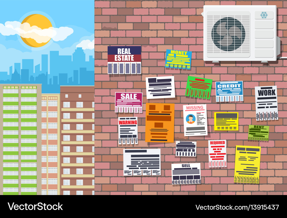 Various tear off papers ad on brick wall Vector Image