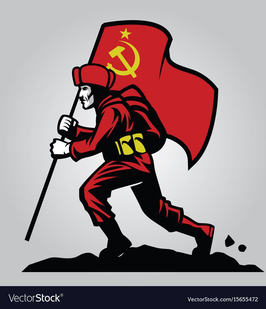 Download Soviet union soldier carrying the flag Royalty Free Vector