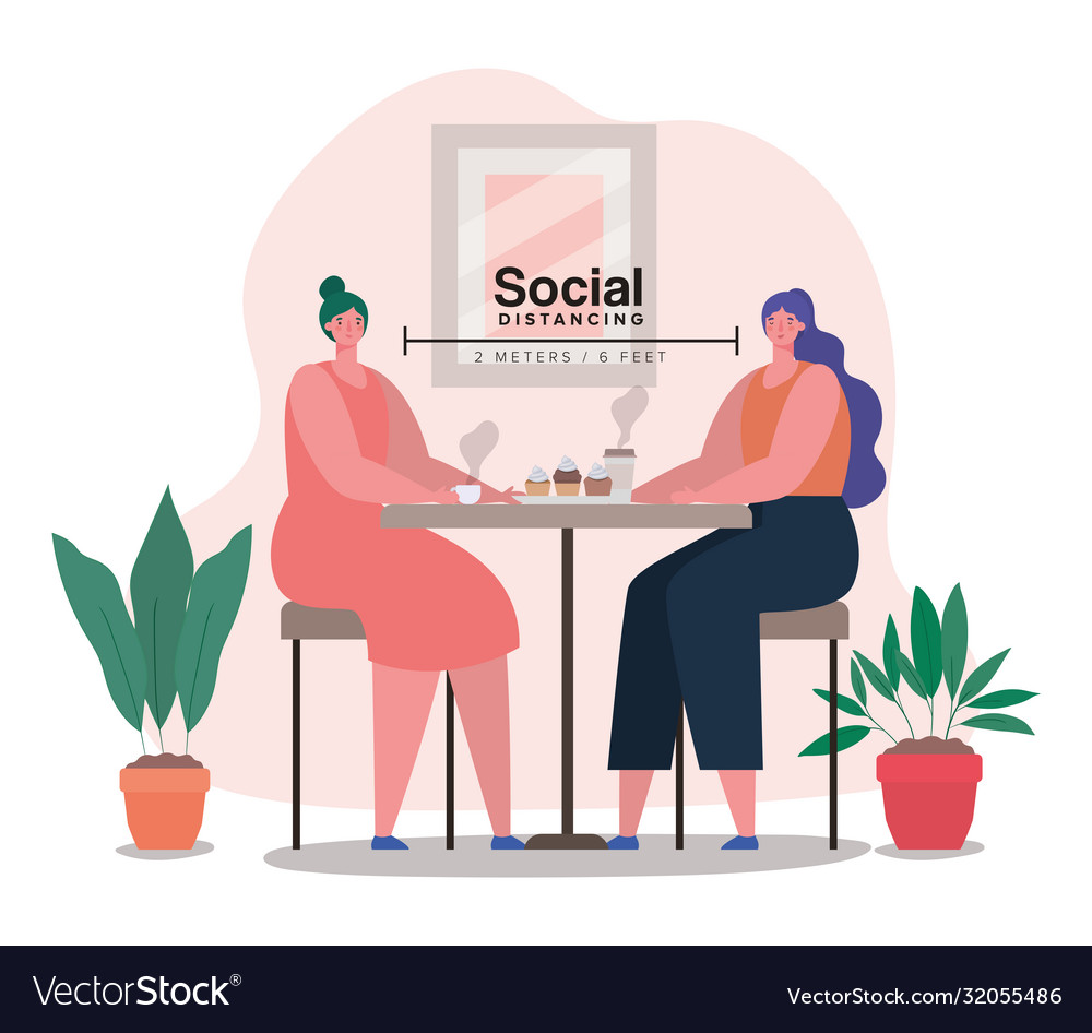 Social distancing between girls cartoons at table Vector Image
