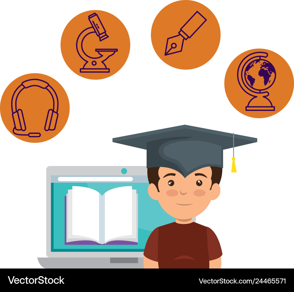 Laptop with schoolboy and elearning icons Vector Image