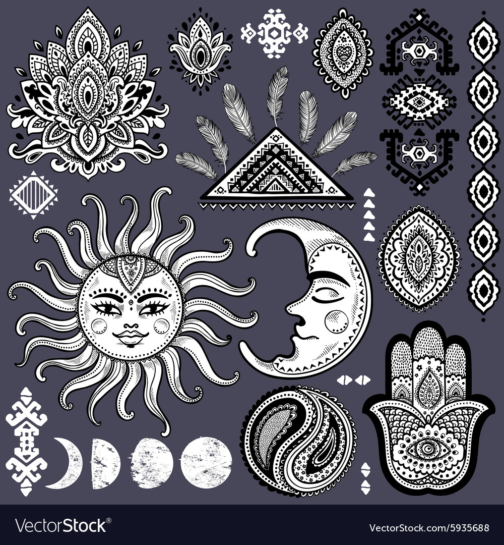Download Sun moon and ornaments vintage set Royalty Free Vector Image