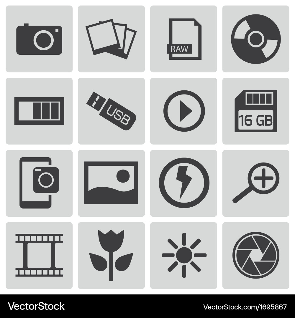 Black photo icons set Royalty Free Vector Image