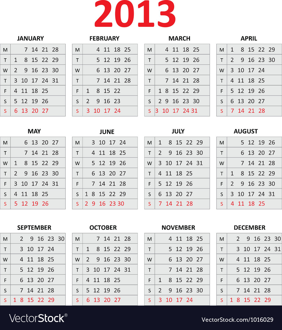 2013 Simple Calendar Monday first day of the week Vector Image