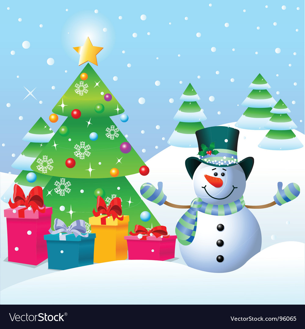 Snowman and christmas tree Royalty Free Vector Image