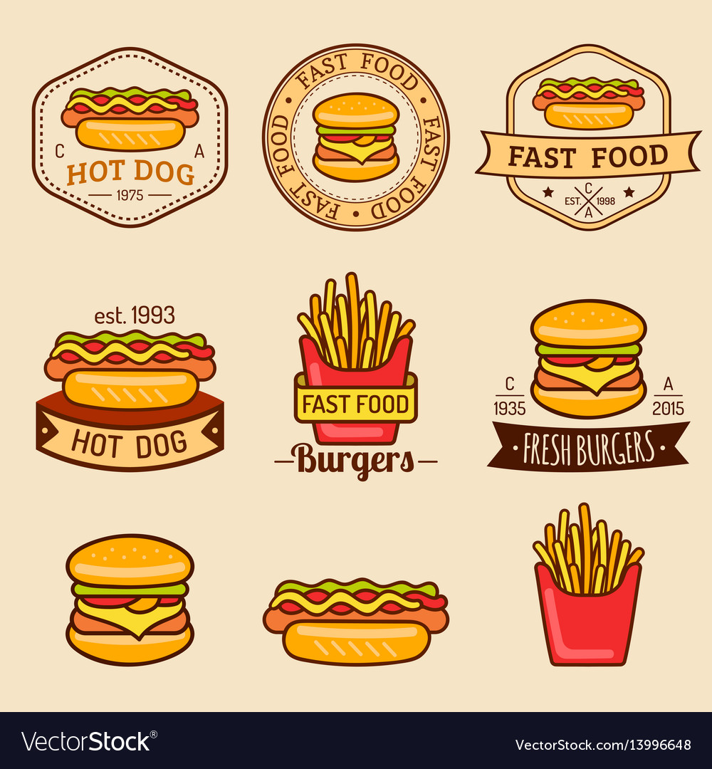 Vintage fast food logos set retro eating Vector Image