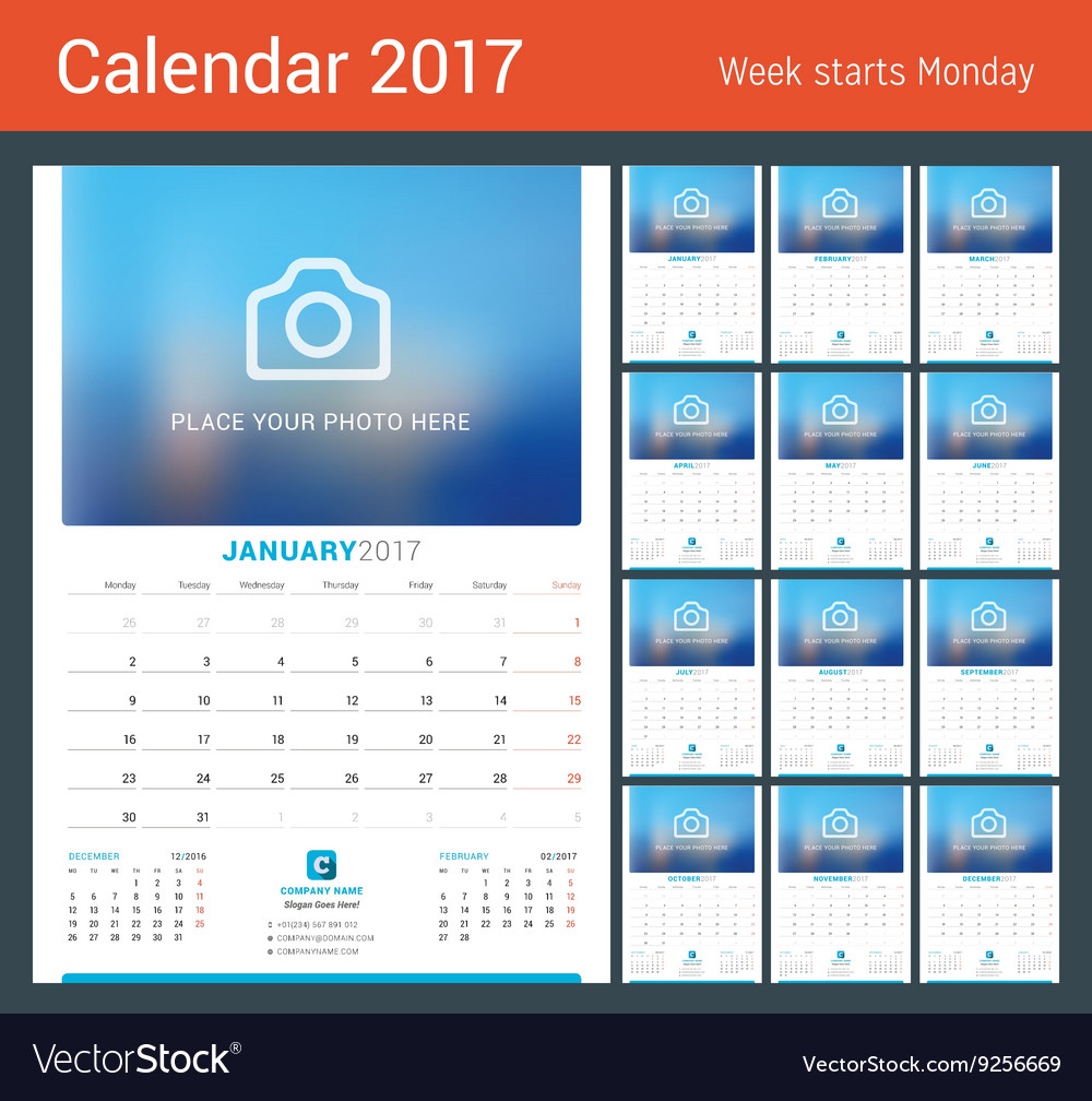 Wall monthly calendar for 2017 year design print Vector Image