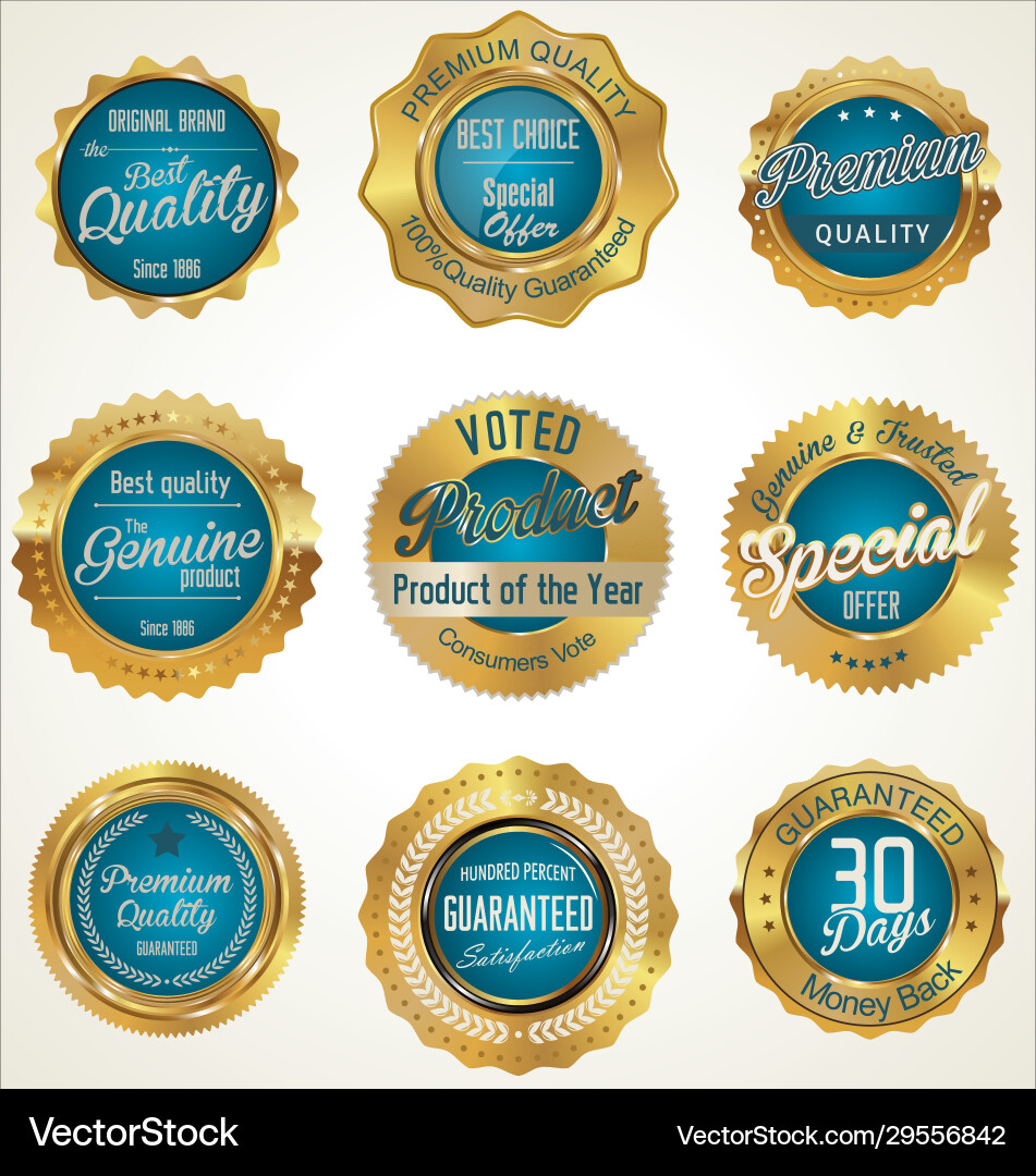 Gold and blue premium quality labels Royalty Free Vector