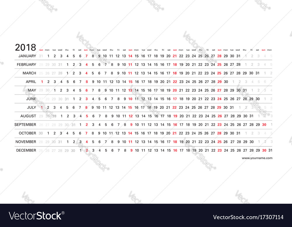 horizontal calendar 2018