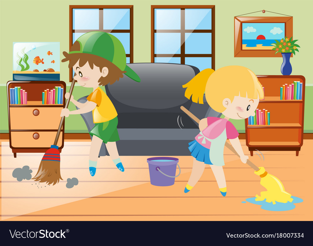 Two kids mopping and sweeping floor Royalty Free Vector Two kids mopping and sweeping floor Royalty Free Vector