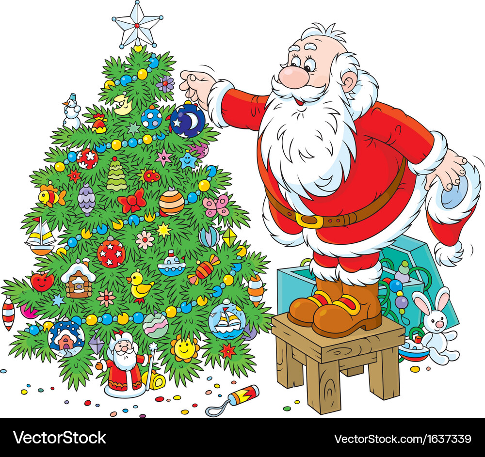 Santa Claus decorating a Christmas tree Royalty Free Vector